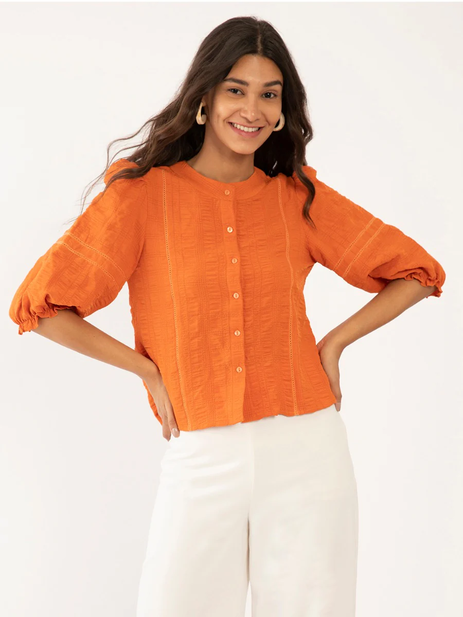 Orange Solid Lace Insert Top - Image 2