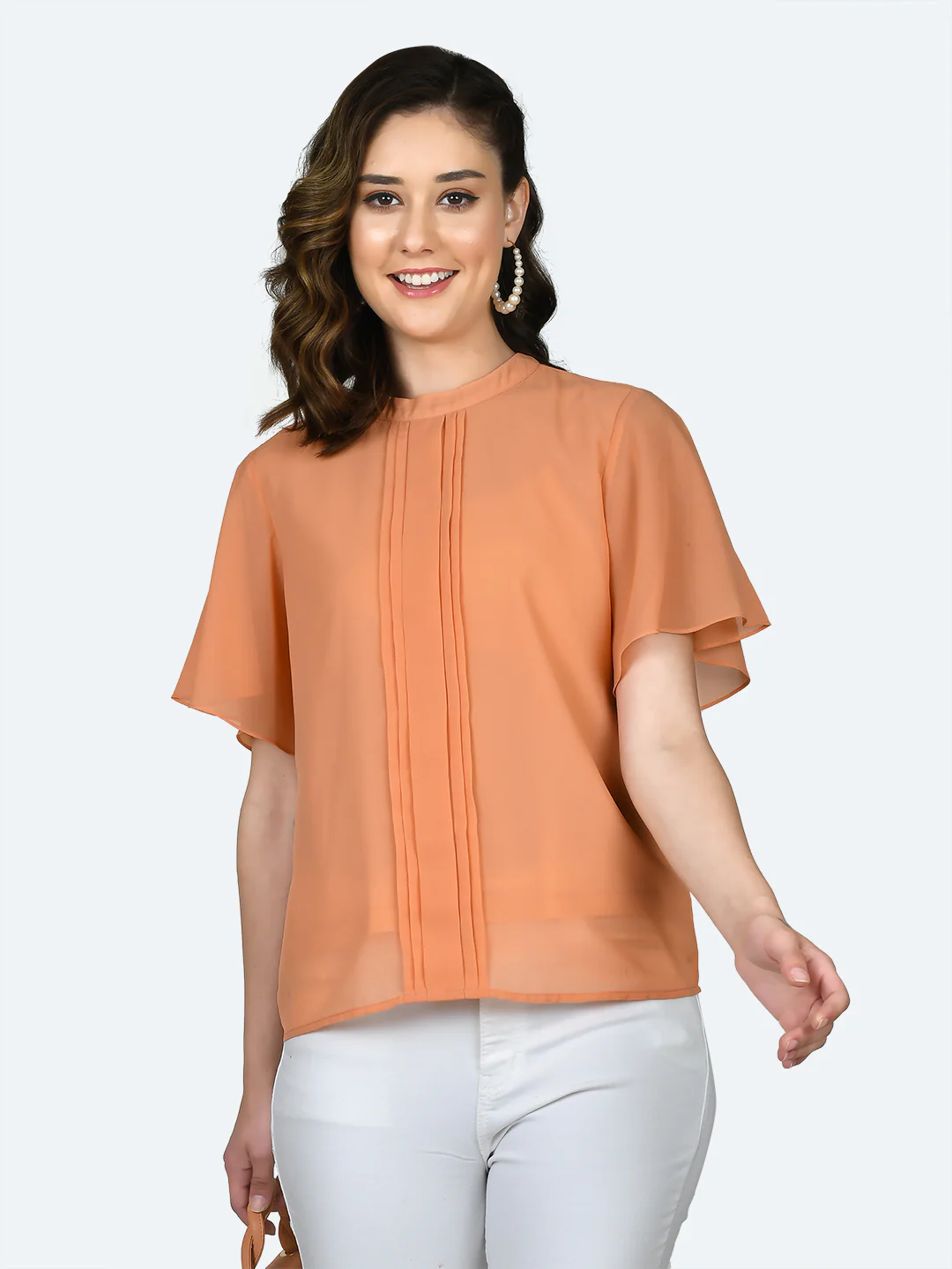 Orange Solid Pleated Top - Image 2
