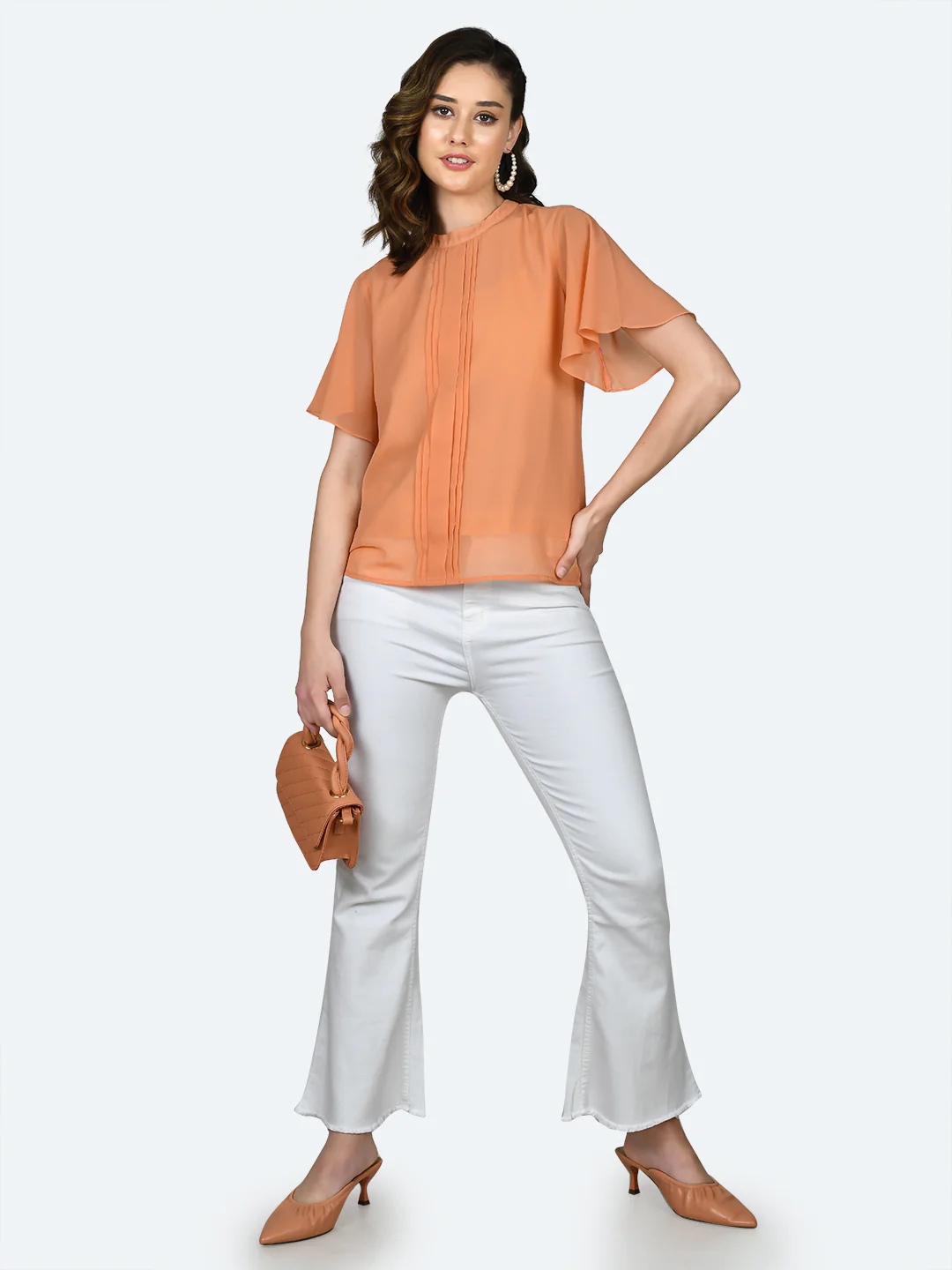 Orange Solid Pleated Top - Image 5