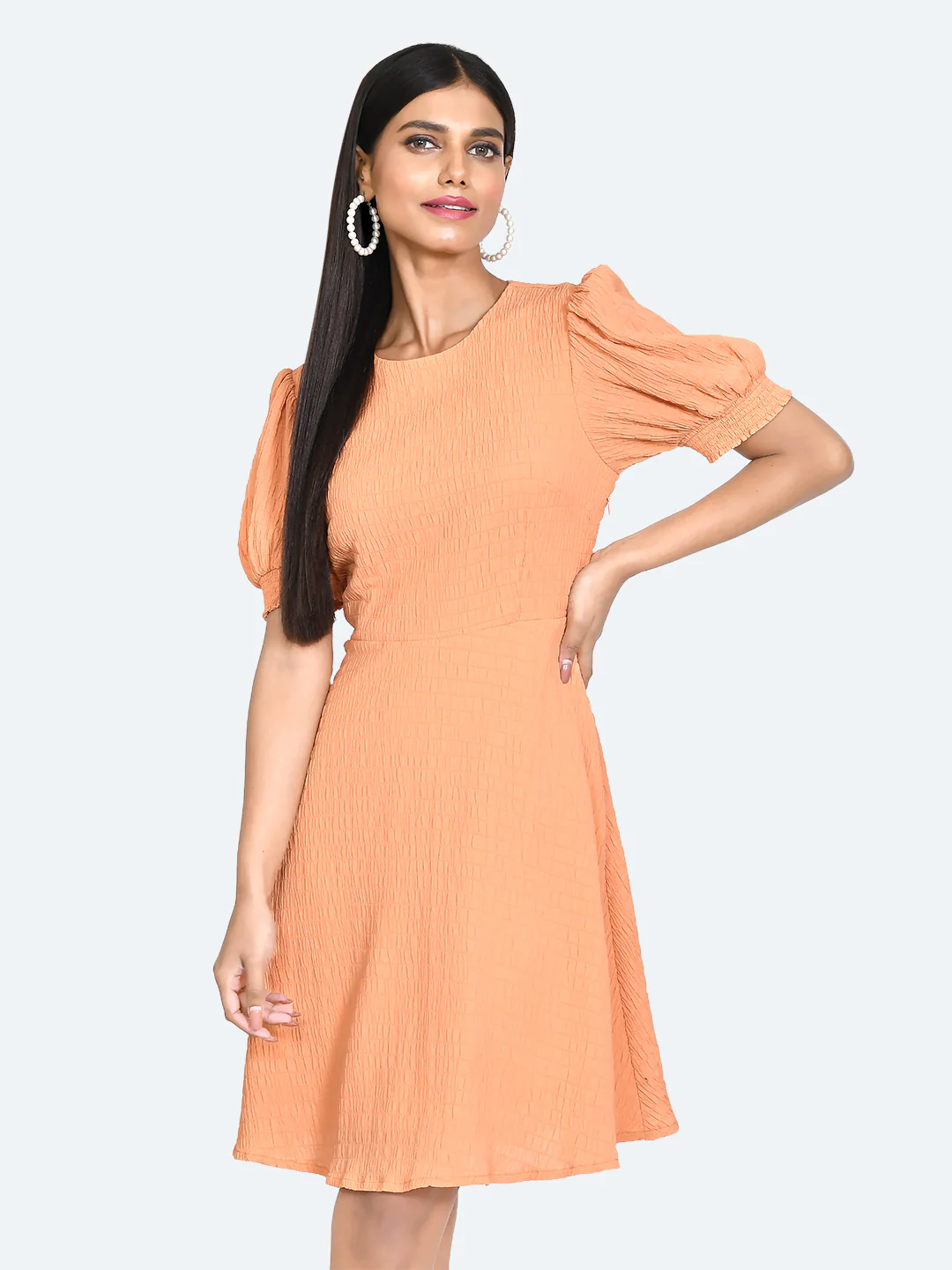 Orange Textured Puff Sleeve Short Dress - Image 2