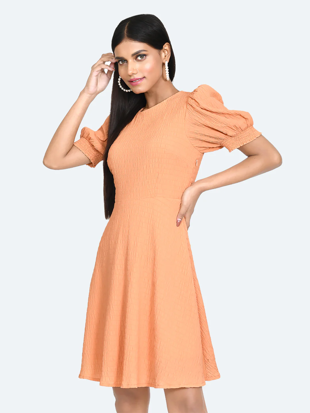 Orange Textured Puff Sleeve Short Dress - Image 3