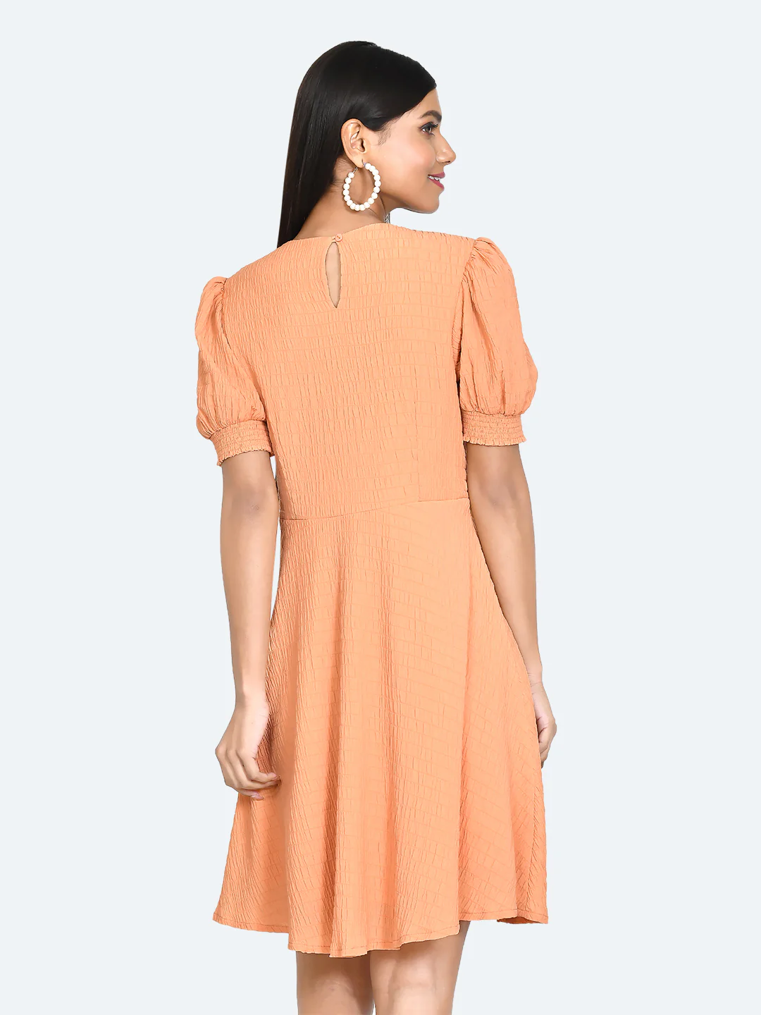 Orange Textured Puff Sleeve Short Dress - Image 4