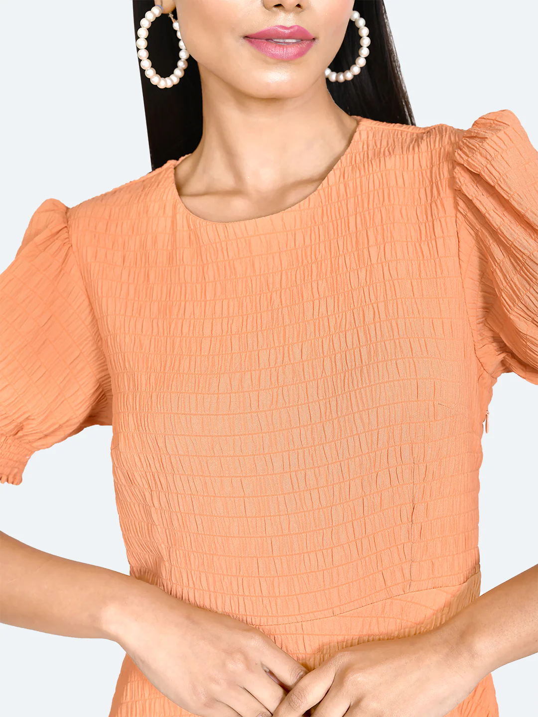 Orange Textured Puff Sleeve Short Dress - Image 6
