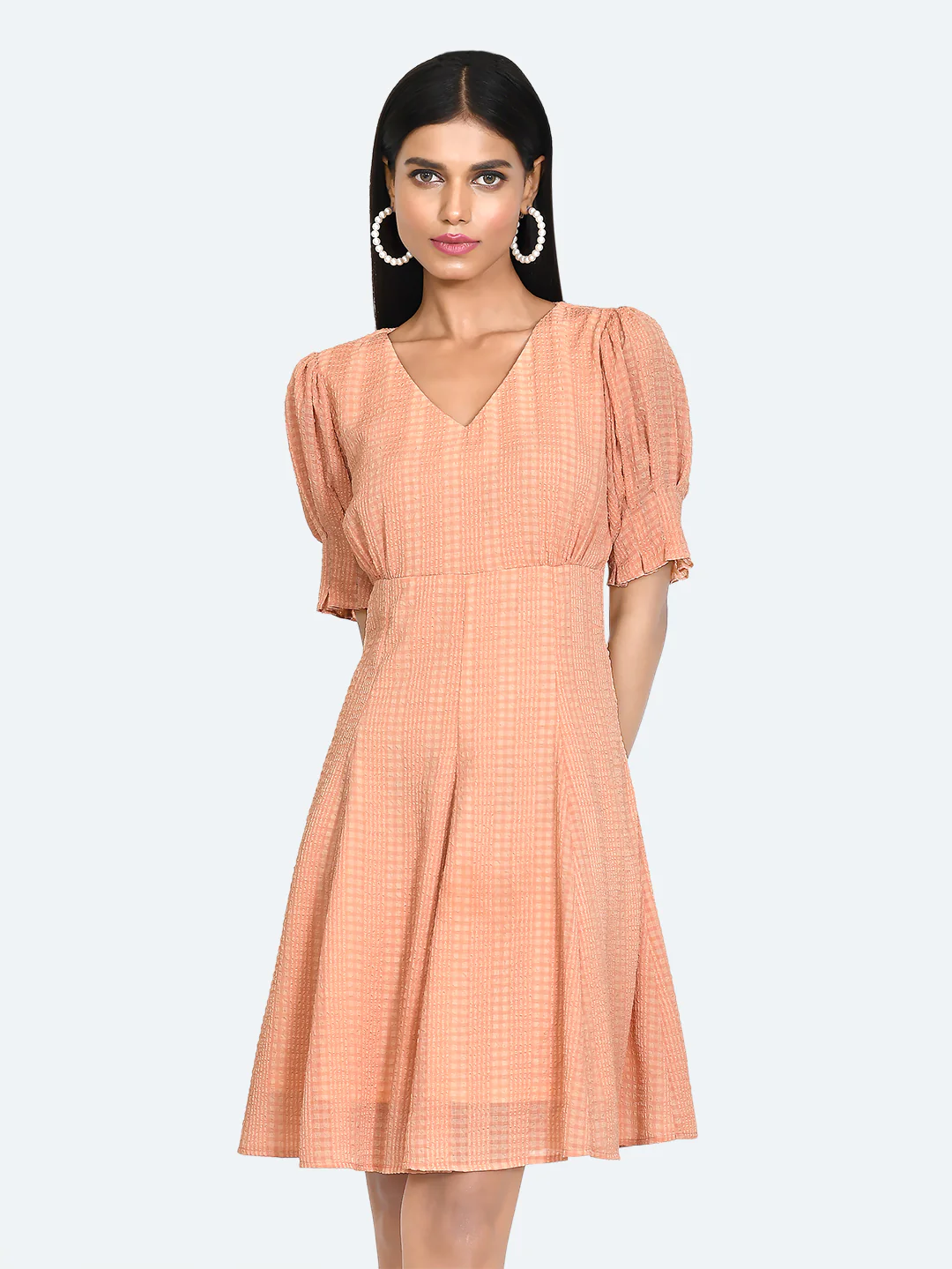 Orange Textured Puff Sleeve Short Dress - Image 2