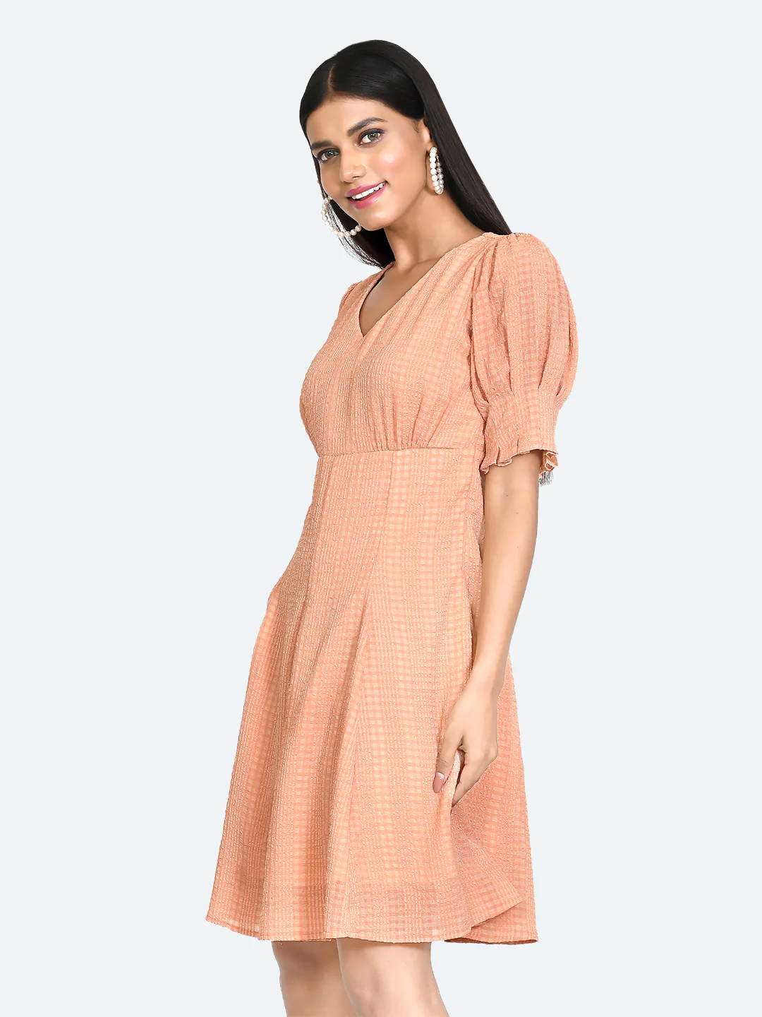 Orange Textured Puff Sleeve Short Dress - Image 3