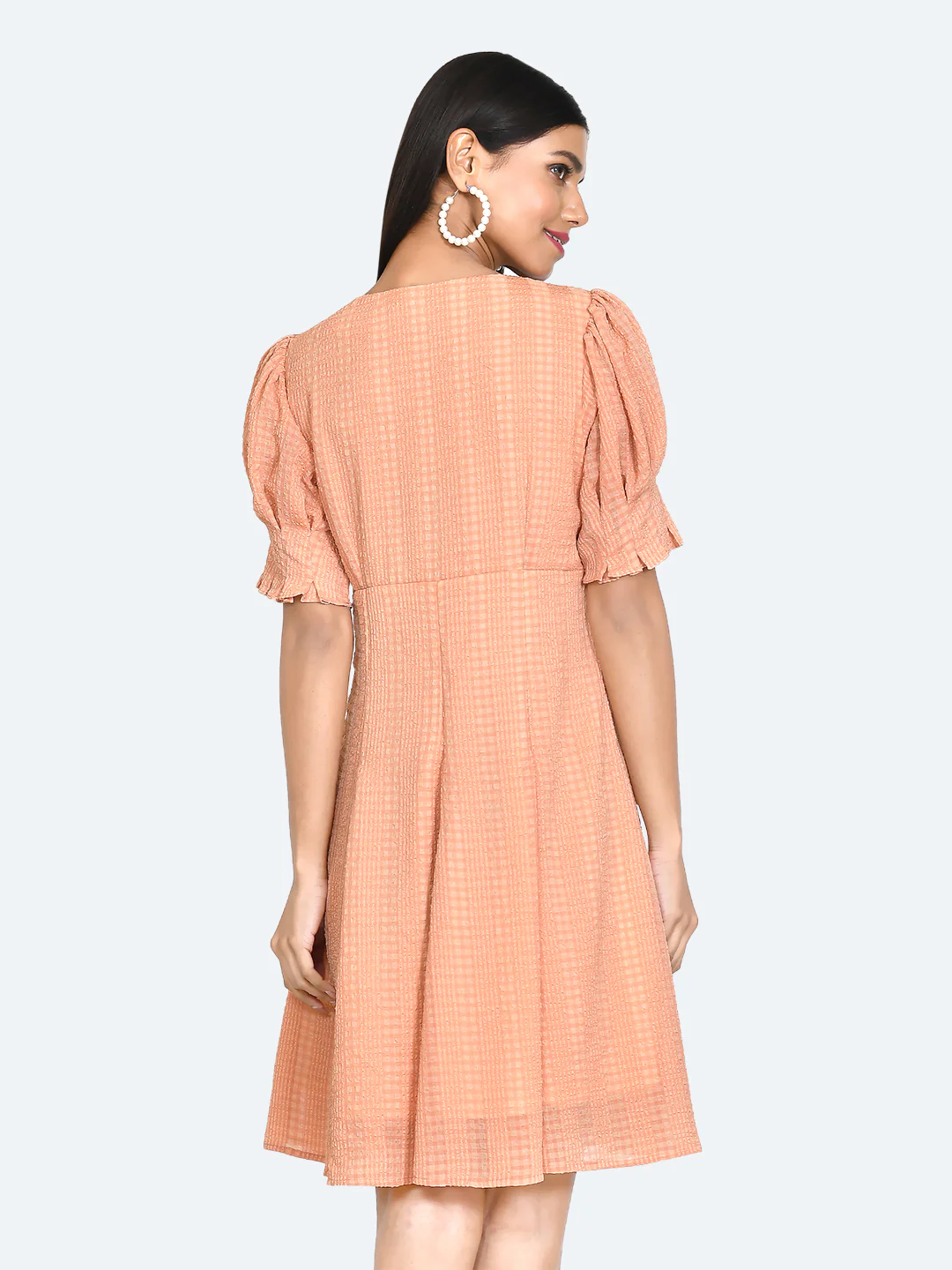 Orange Textured Puff Sleeve Short Dress - Image 4