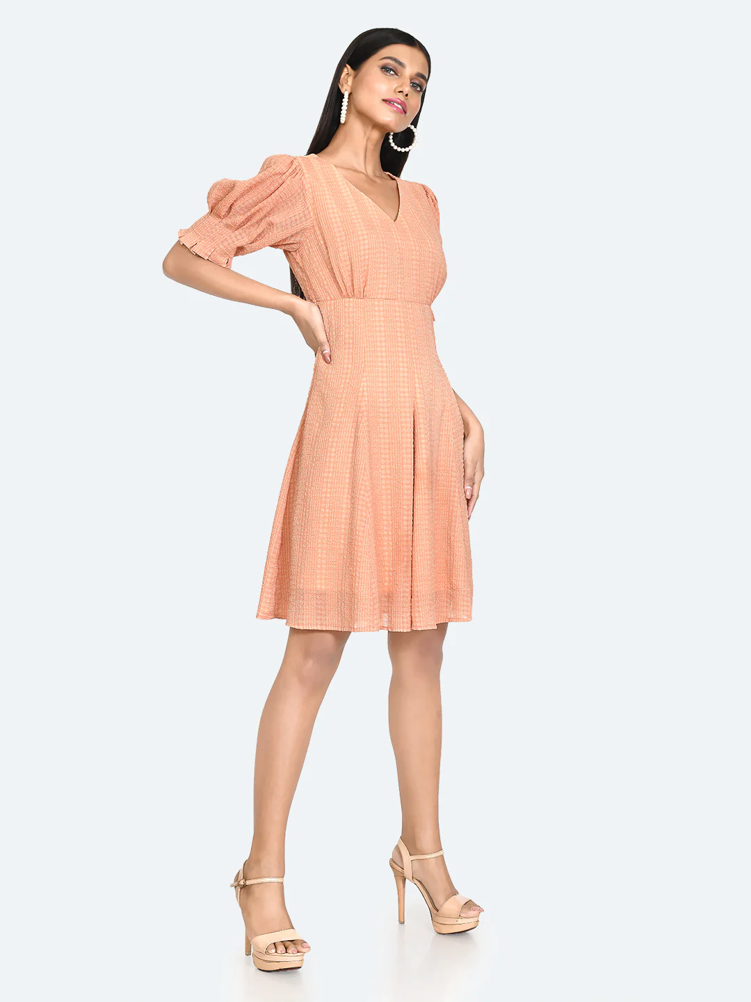 Orange Textured Puff Sleeve Short Dress - Image 5