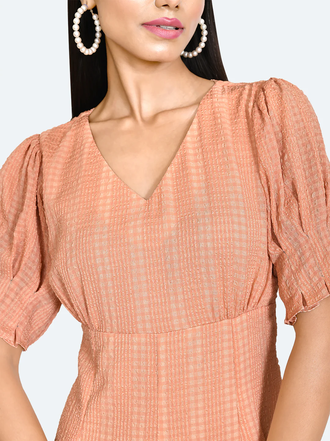 Orange Textured Puff Sleeve Short Dress - Image 6