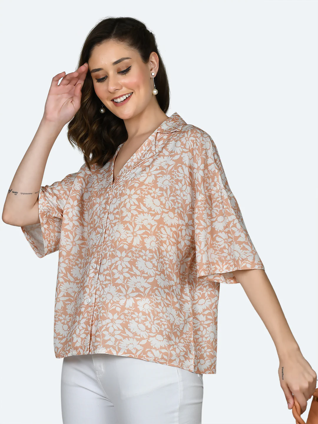 Peach Printed Oversized Shirt - Image 3