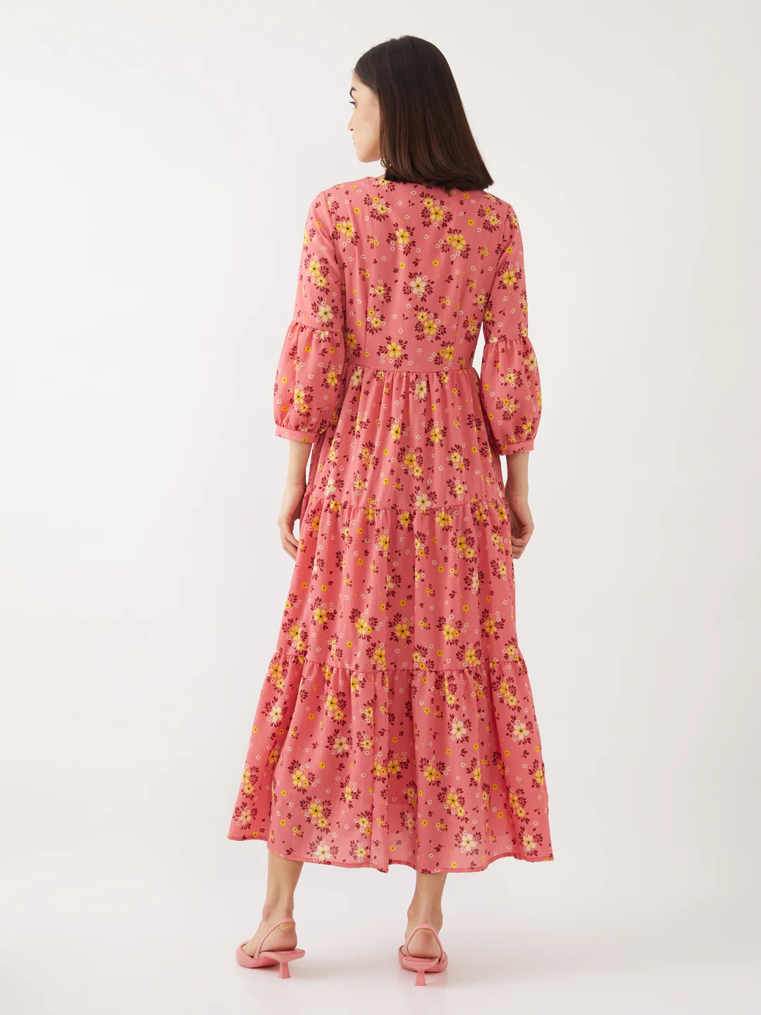 Peach Printed Puff Sleeve Maxi - Image 3