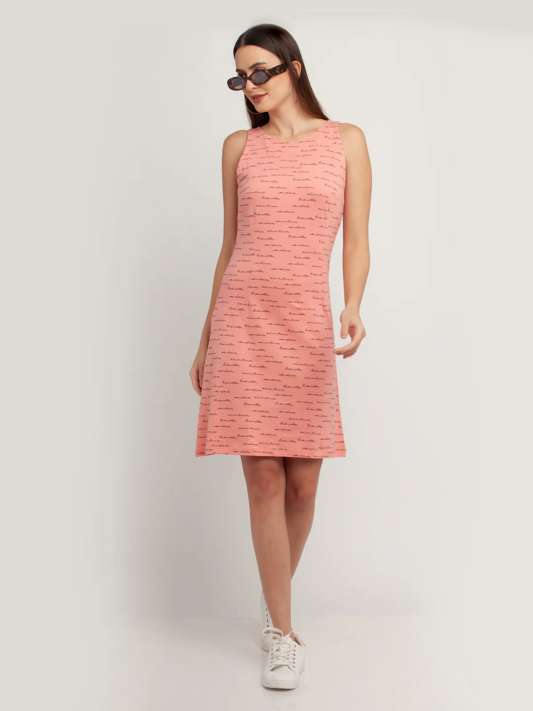 Peach Printed Sleeveless Short Dress - Image 5