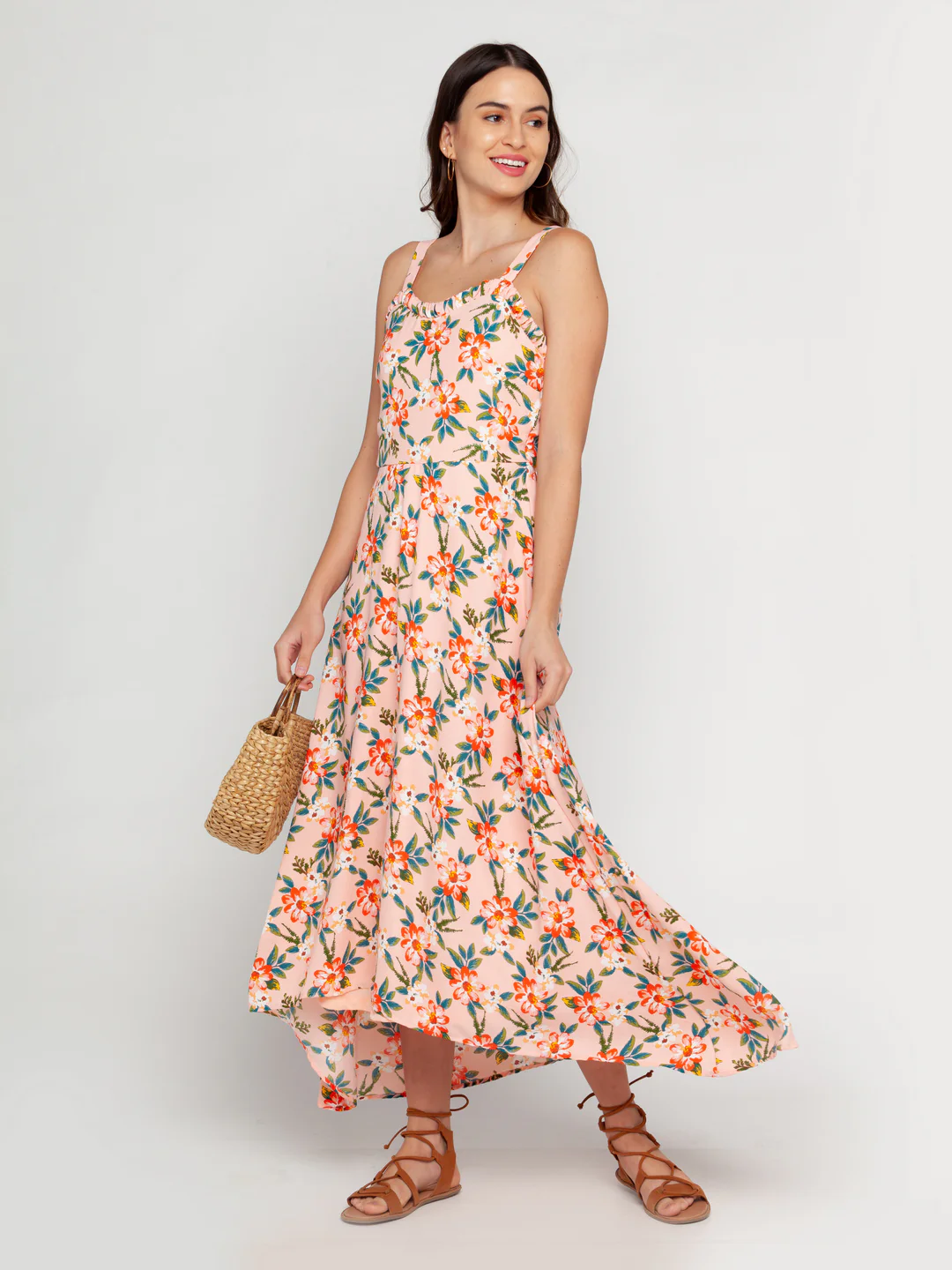 Peach Printed Strappy Maxi Dress