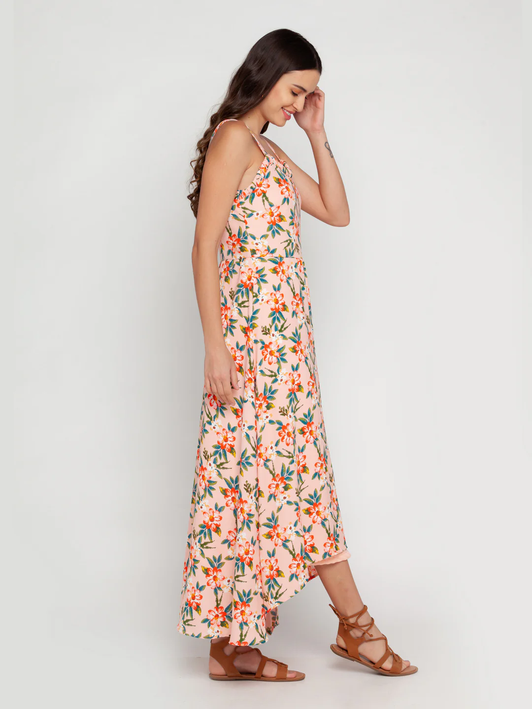 Peach Printed Strappy Maxi Dress - Image 3
