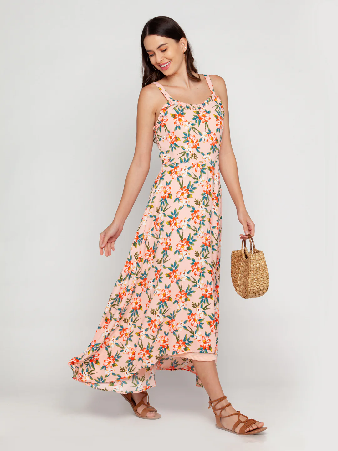 Peach Printed Strappy Maxi Dress - Image 5