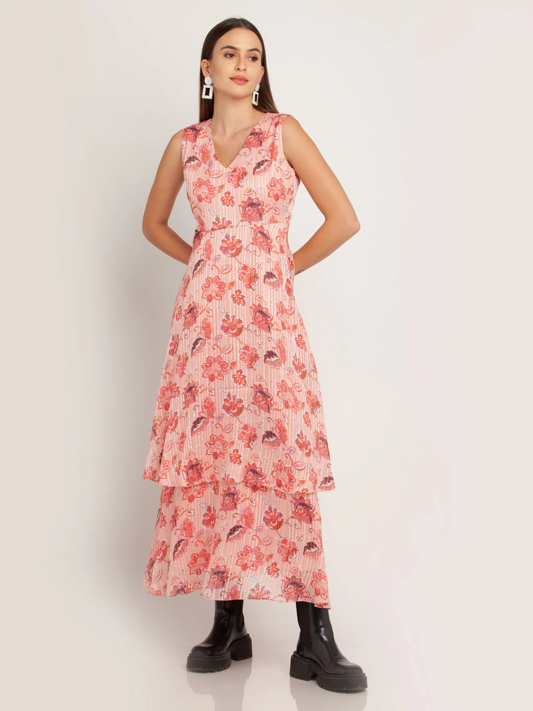 Peach Printed Tiered Maxi Dress - Image 2