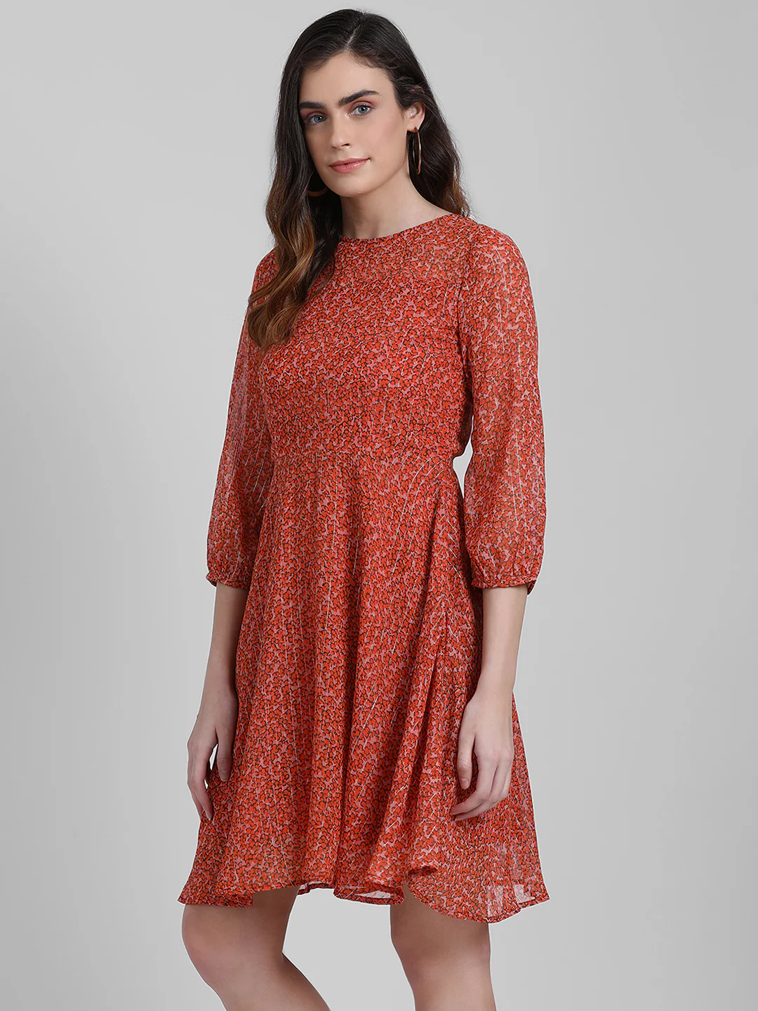 Orange Floral Print A-Line Short Dress - Image 2