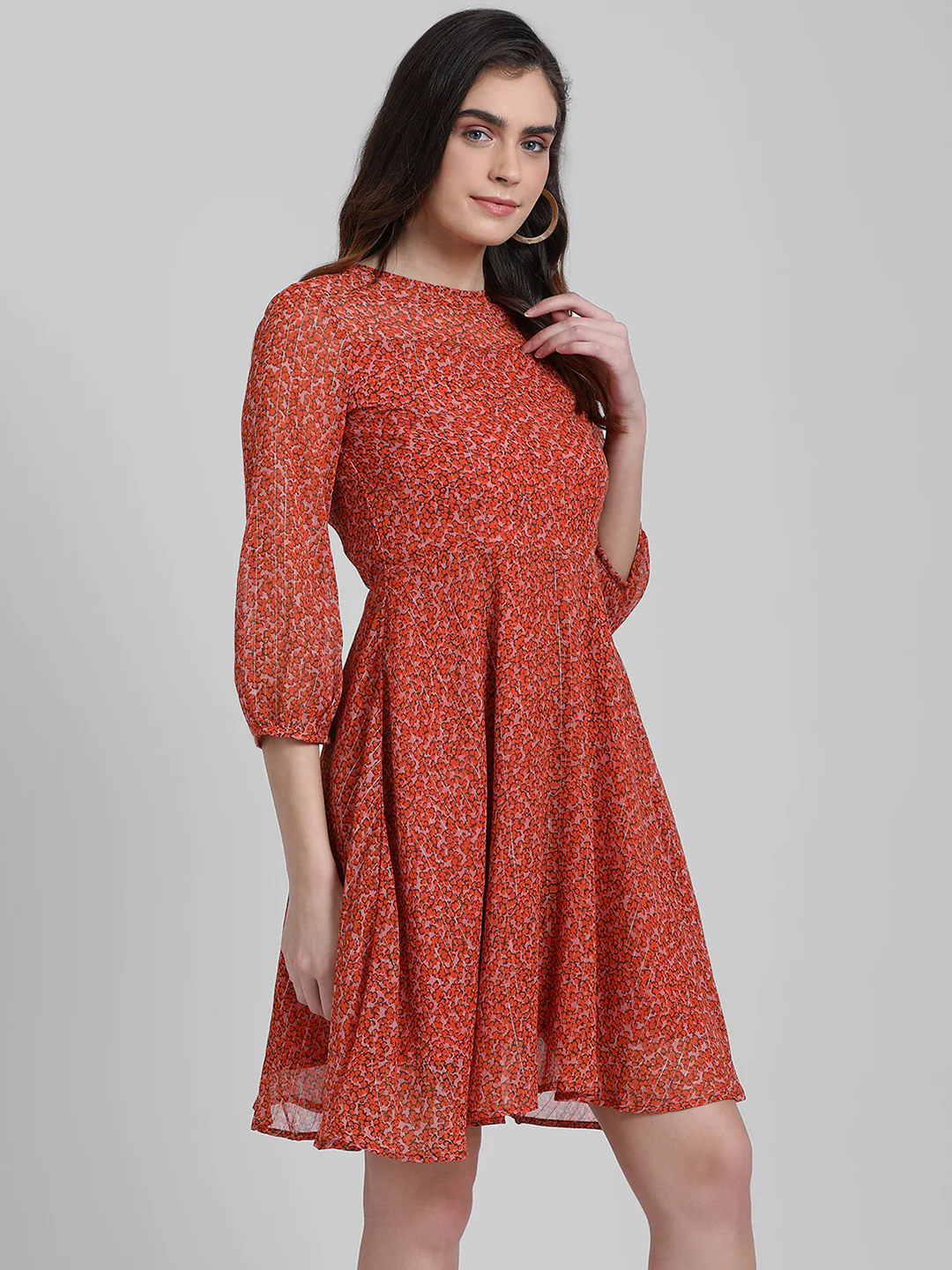 Orange Floral Print A-Line Short Dress - Image 3