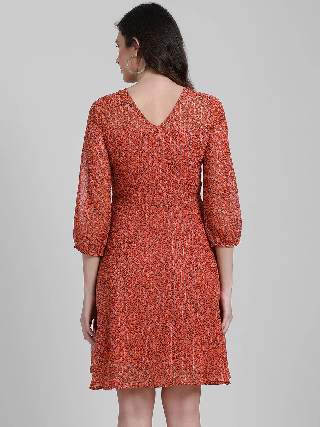 Orange Floral Print A-Line Short Dress - Image 4