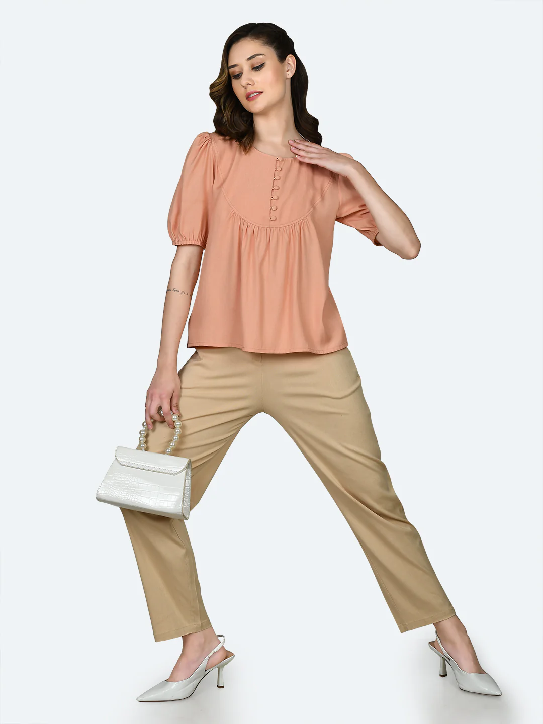 Peach Solid Gathered Top