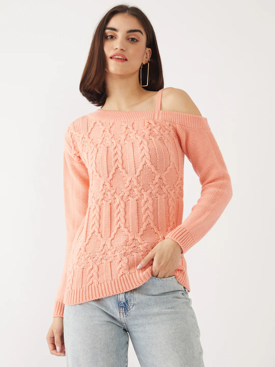 Peach Solid One Shoulder Sweater - Image 2