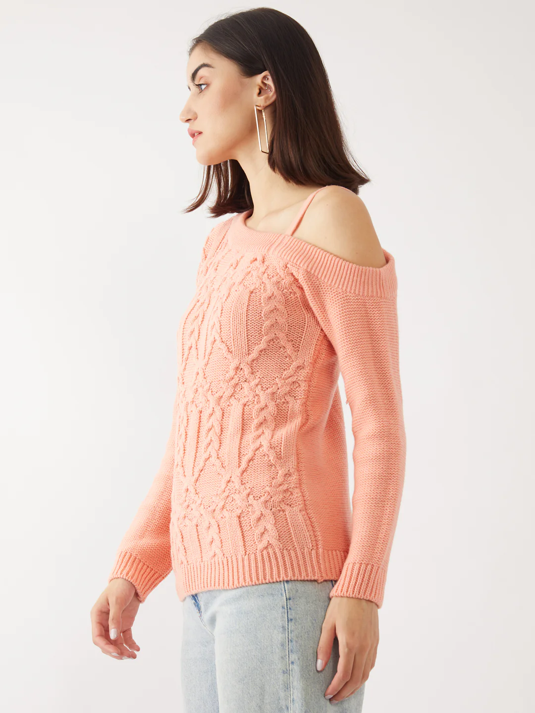Peach Solid One Shoulder Sweater - Image 3