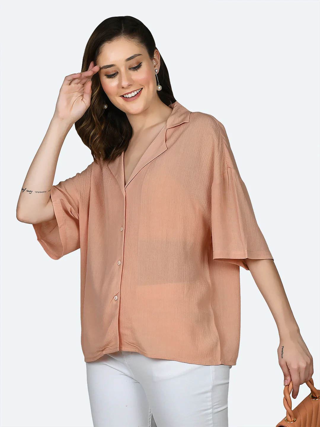 Peach Solid Oversized Shirt - Image 2