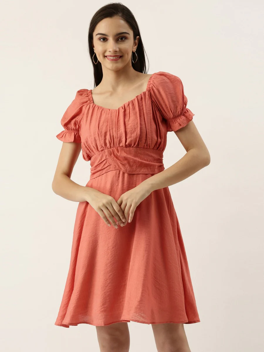 Peach Solid Puff Sleeve Short Dress - Image 2