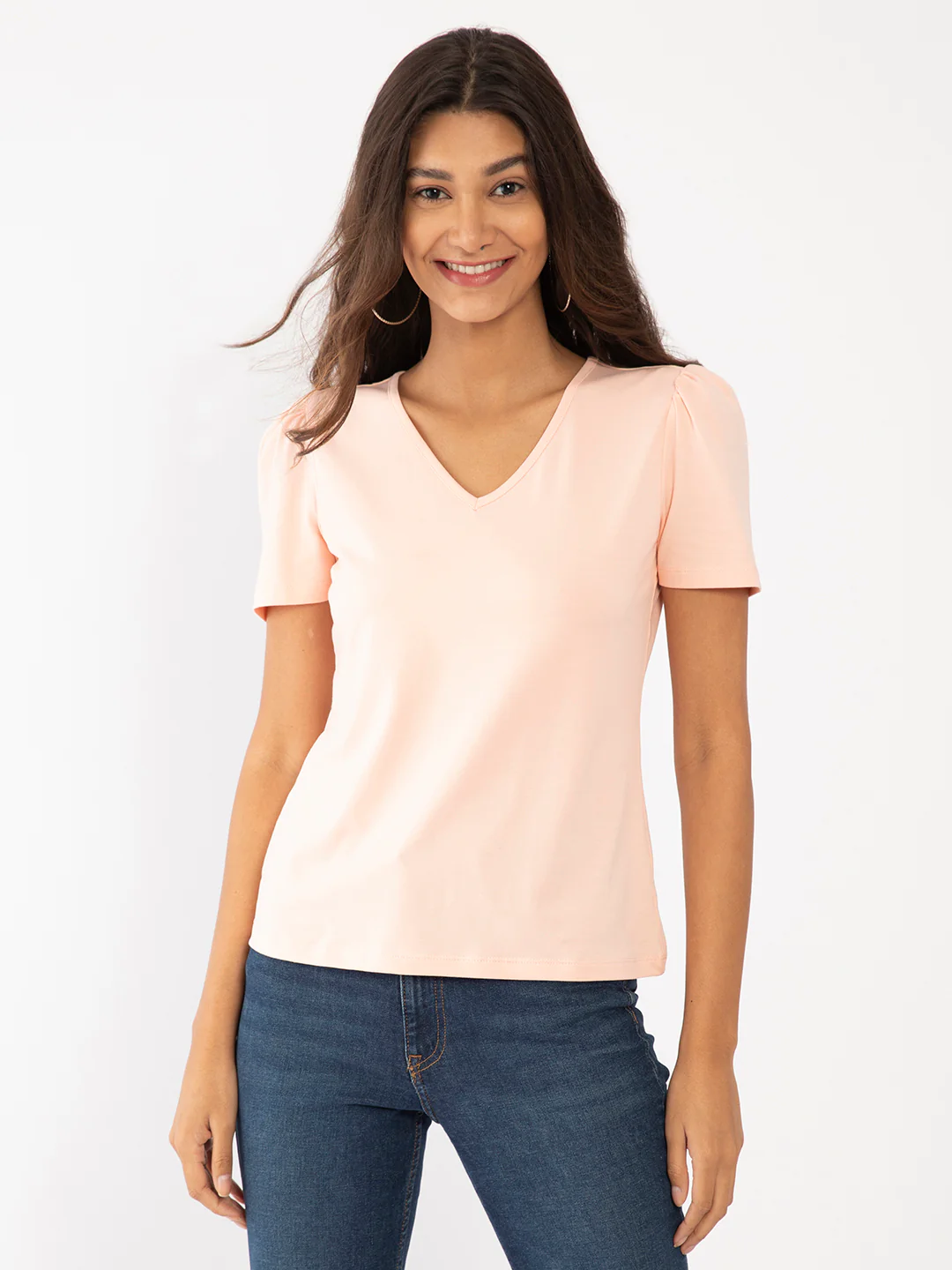 Peach Solid Puff Sleeve Top - Image 2