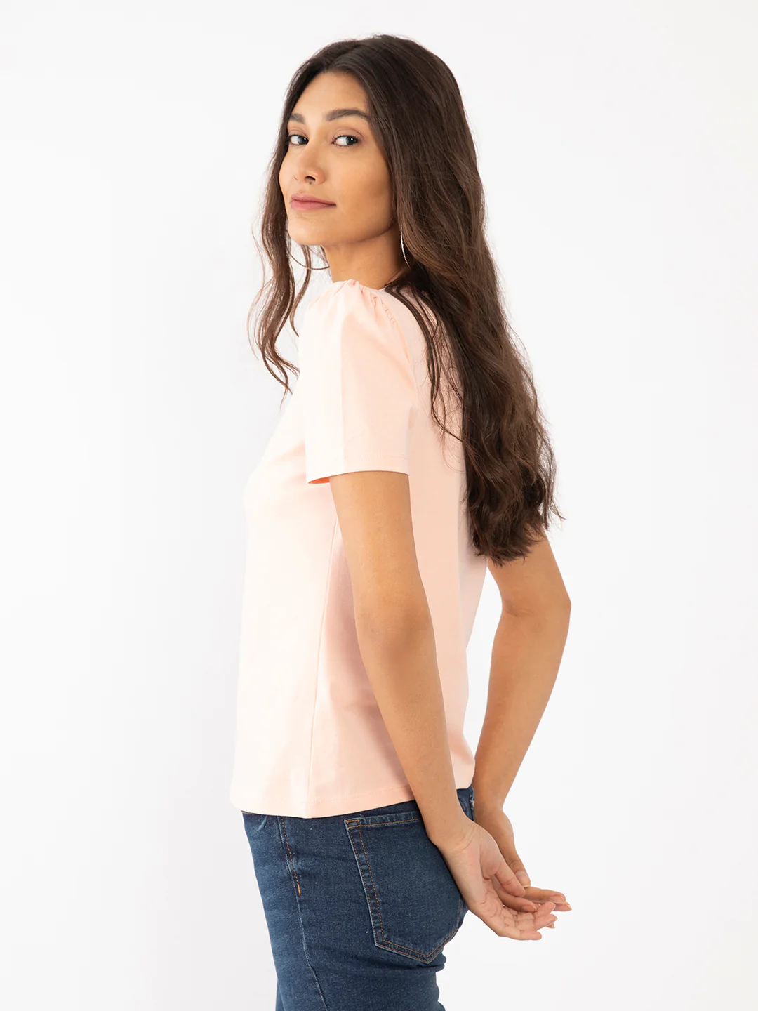 Peach Solid Puff Sleeve Top - Image 3