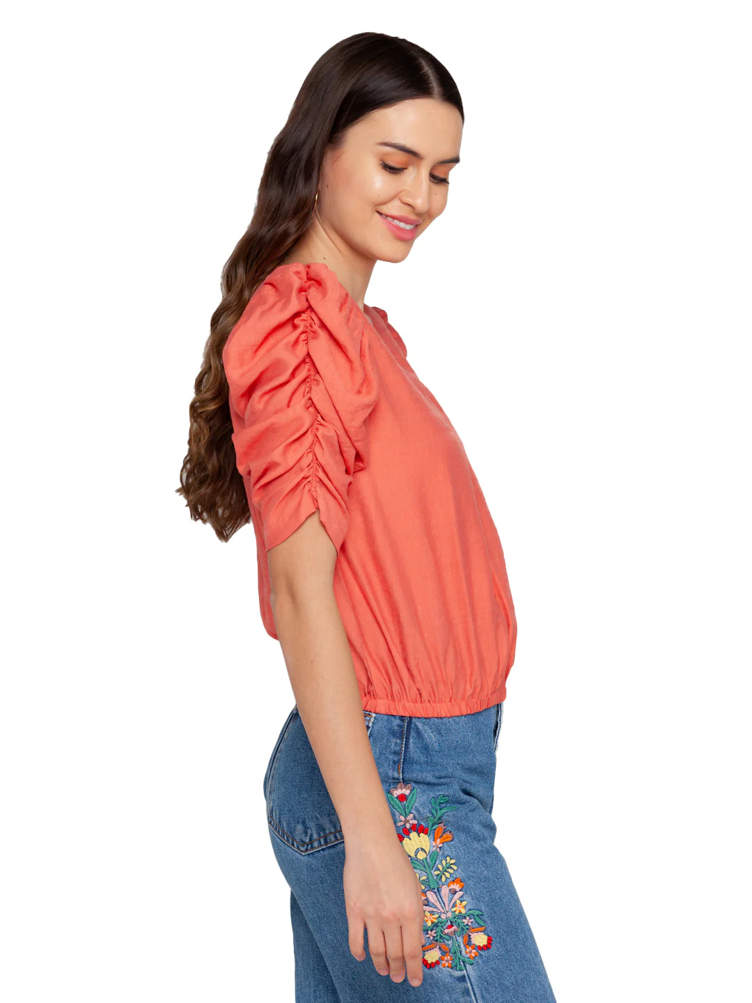 Peach Solid Puff Sleeve Top - Image 4