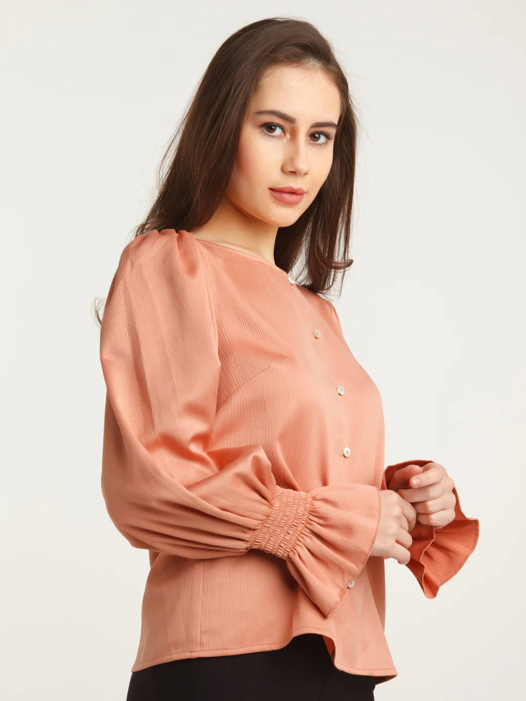 Peach Solid Puff Sleeve Top - Image 3