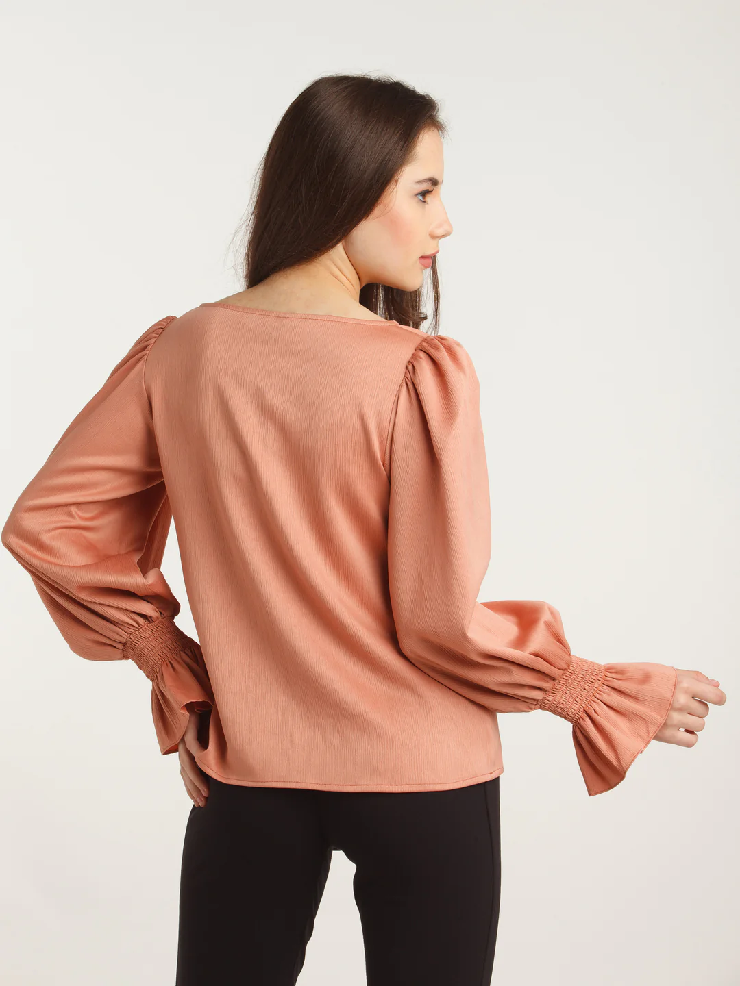 Peach Solid Puff Sleeve Top - Image 4