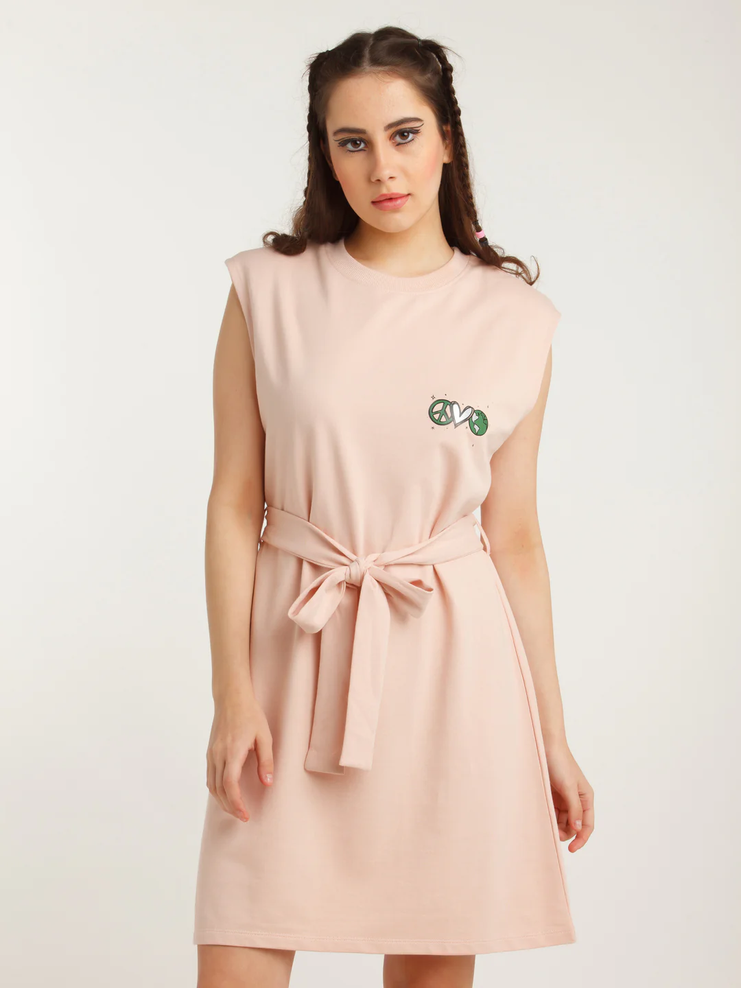 Peach Solid Tie-Up Short Dress - Image 2