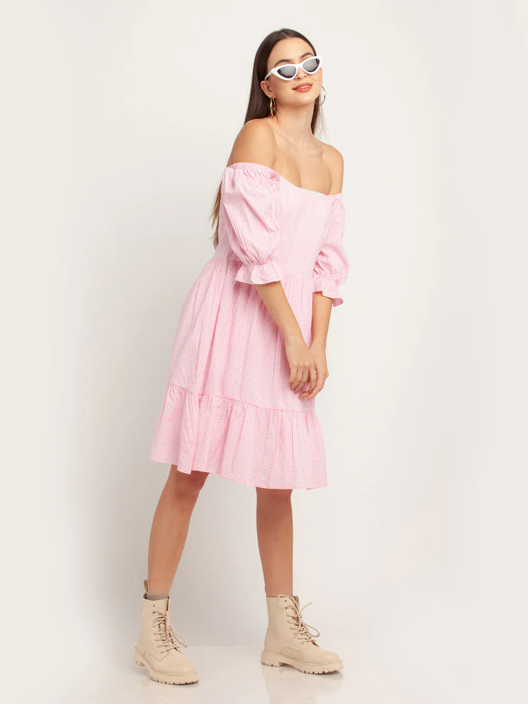 Pink Checked Tiered Short Dress