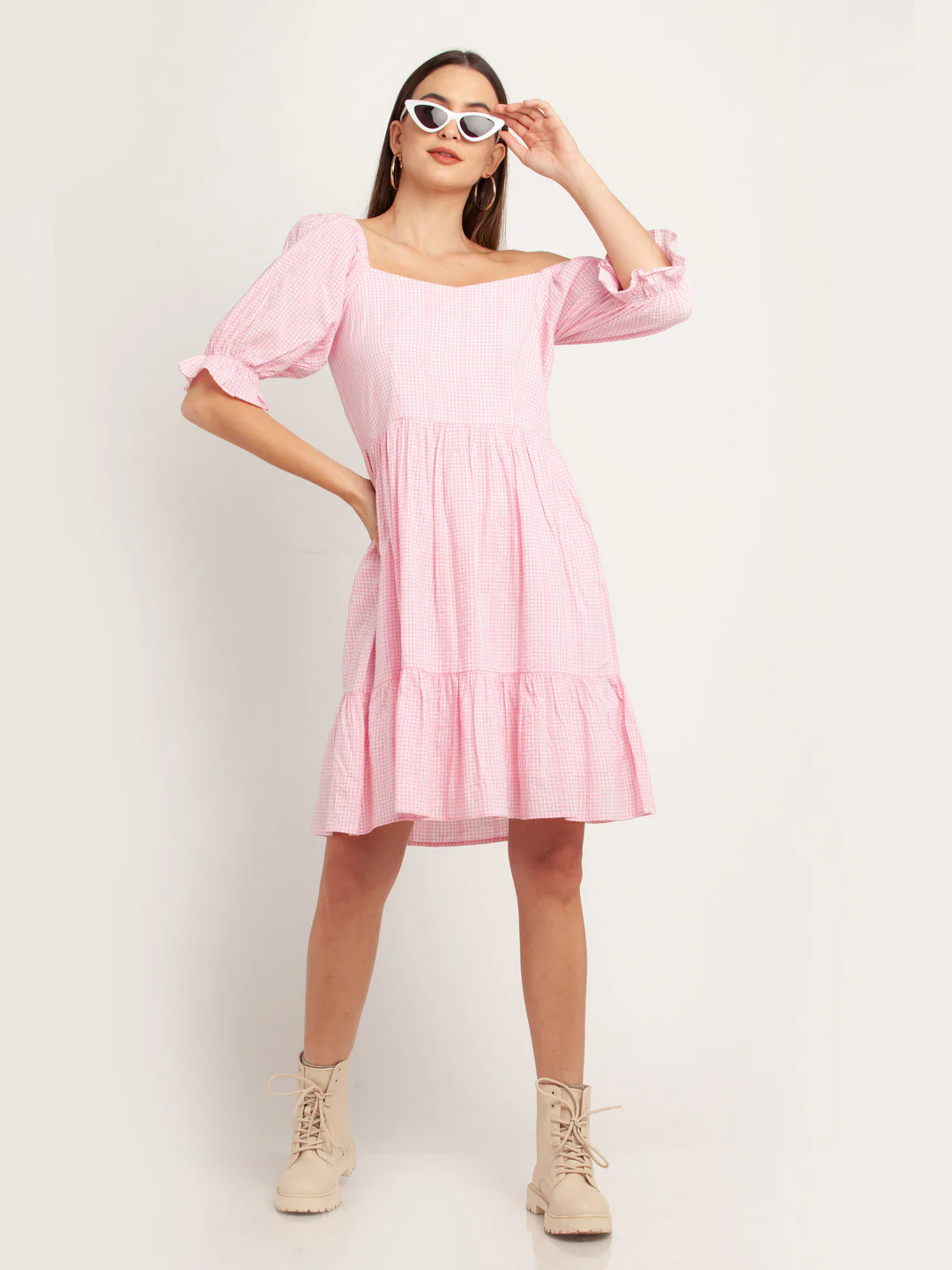 Pink Checked Tiered Short Dress - Image 5