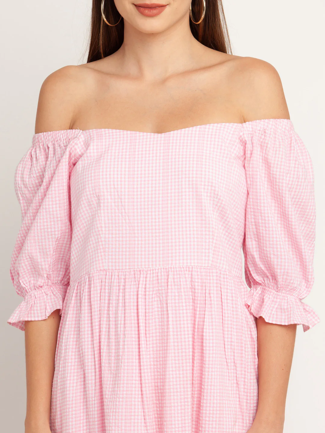 Pink Checked Tiered Short Dress - Image 6