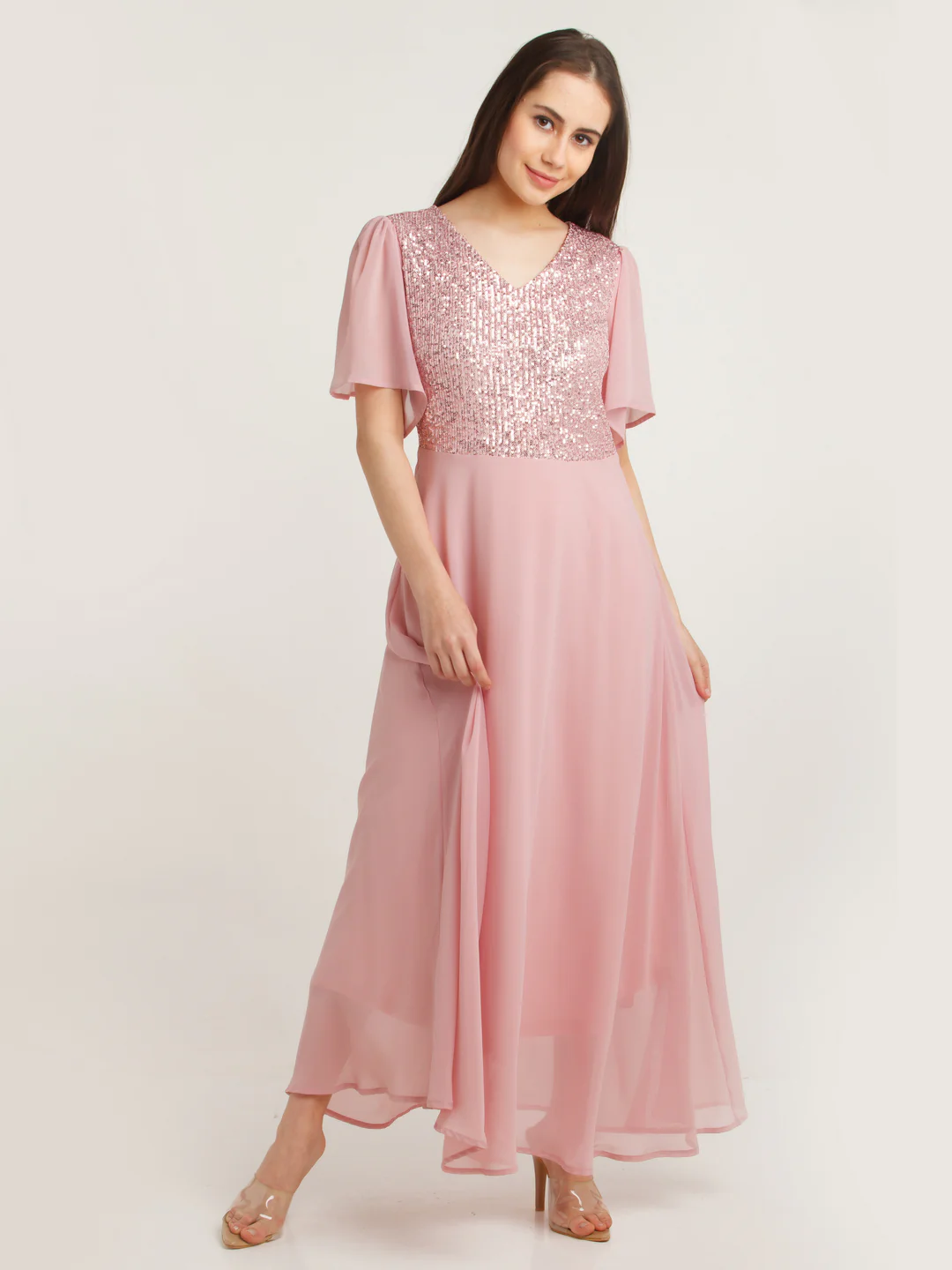 Pink Embellished Flared Sleeve Maxi Dress - Image 2