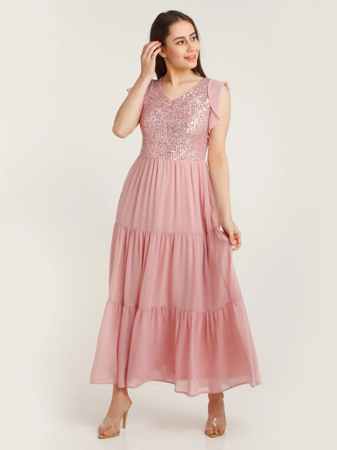 Pink Embellished Tiered Maxi Dress