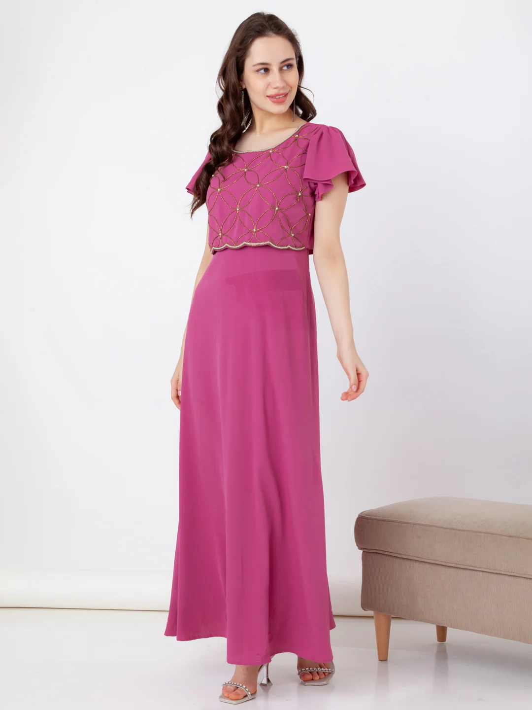 Pink Embroidered Flared Maxi Dress - Image 5