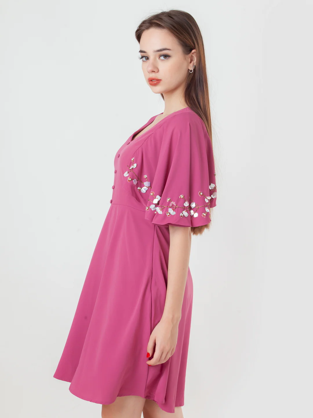 Pink Embroidered Flared Short Dress - Image 3