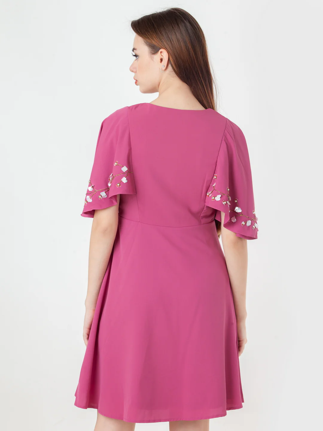 Pink Embroidered Flared Short Dress - Image 4