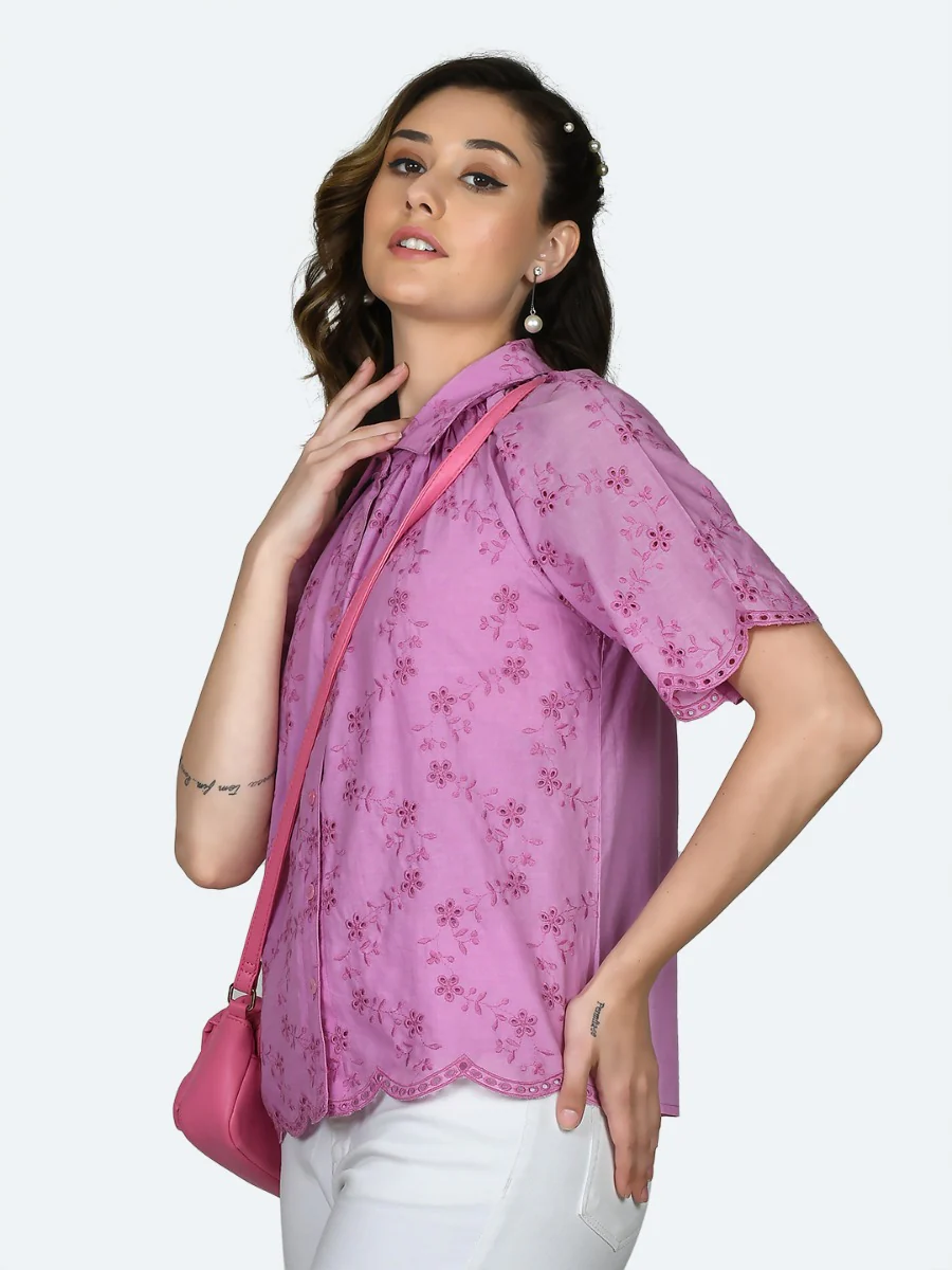 Pink Embroidered Regular Shirt - Image 3