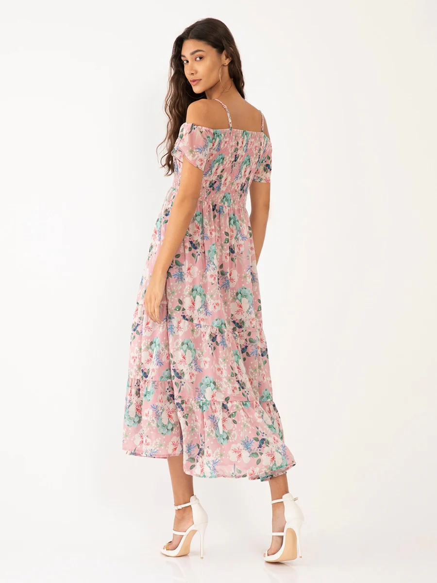 Pink Floral Print Fit & Flare Maxi Dress - Image 4
