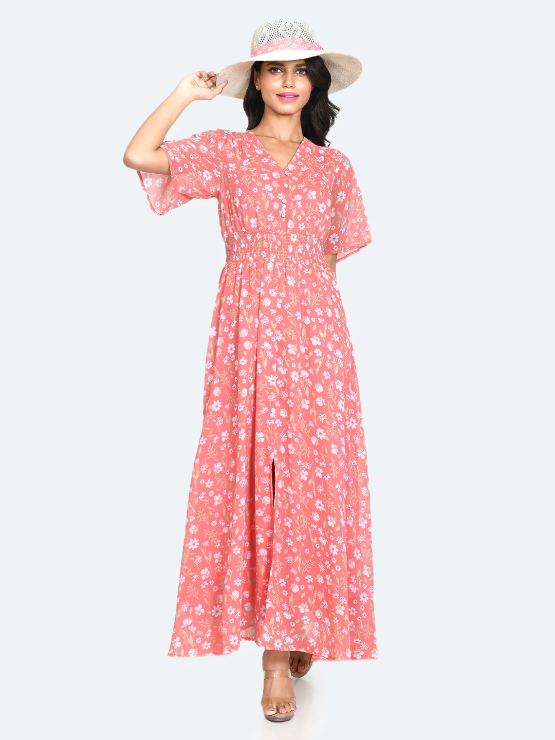 Pink Floral Print Flared Sleeve Maxi Dress