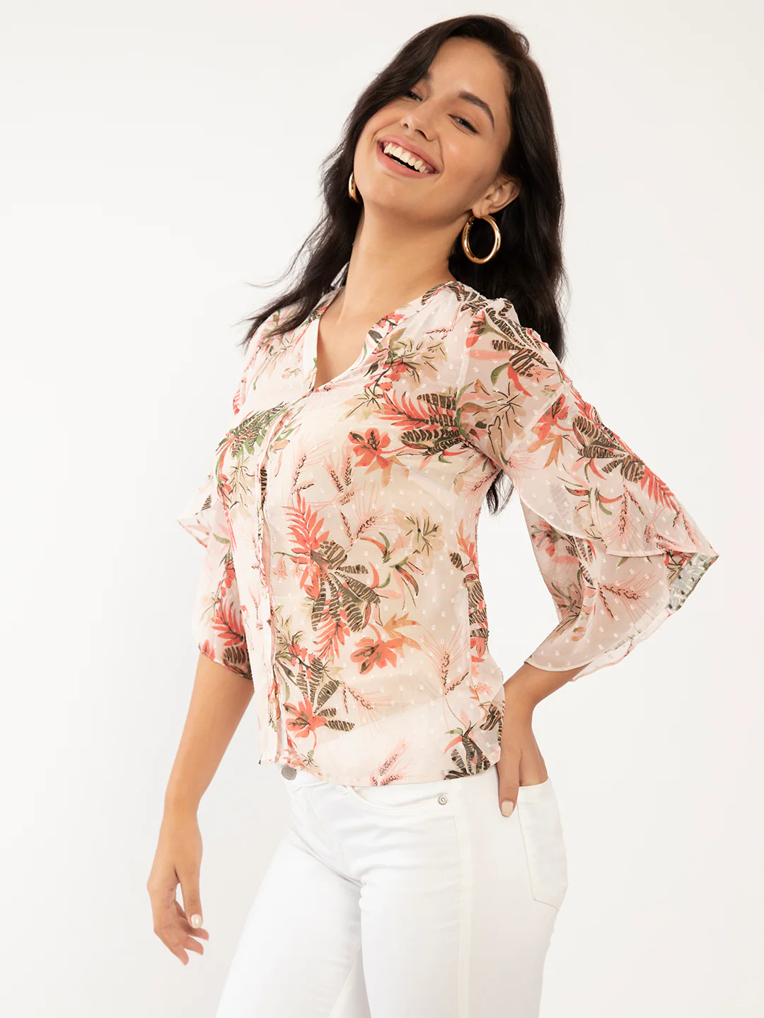 Pink Floral Print Flared Sleeve Top - Image 2