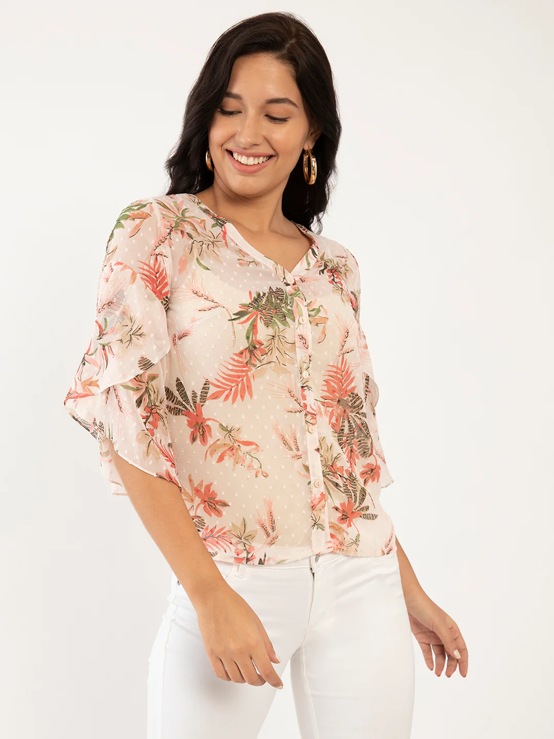 Pink Floral Print Flared Sleeve Top - Image 3