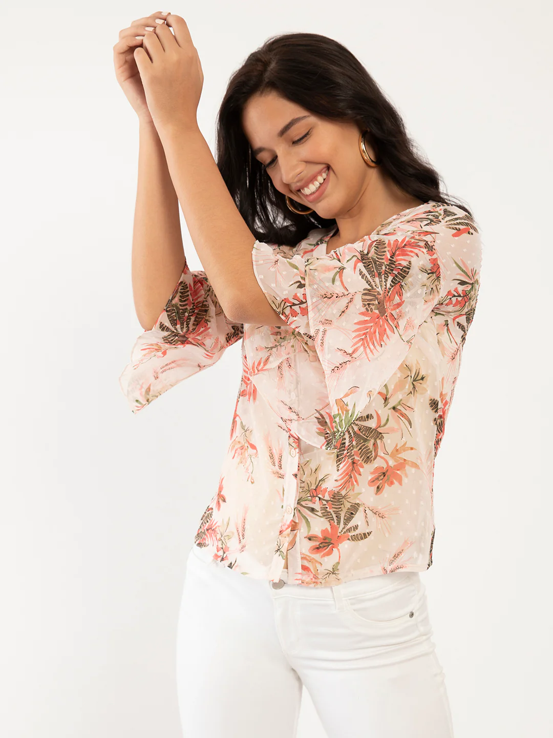 Pink Floral Print Flared Sleeve Top - Image 4