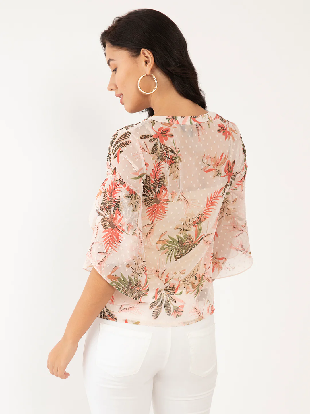 Pink Floral Print Flared Sleeve Top - Image 5