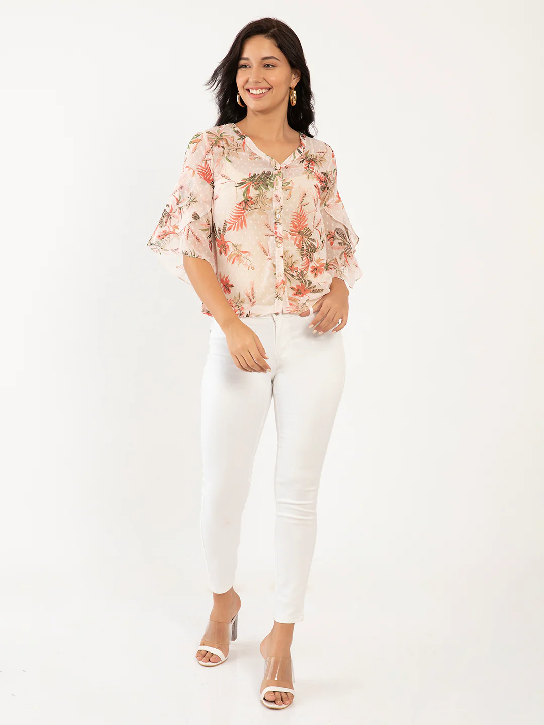Pink Floral Print Flared Sleeve Top - Image 6