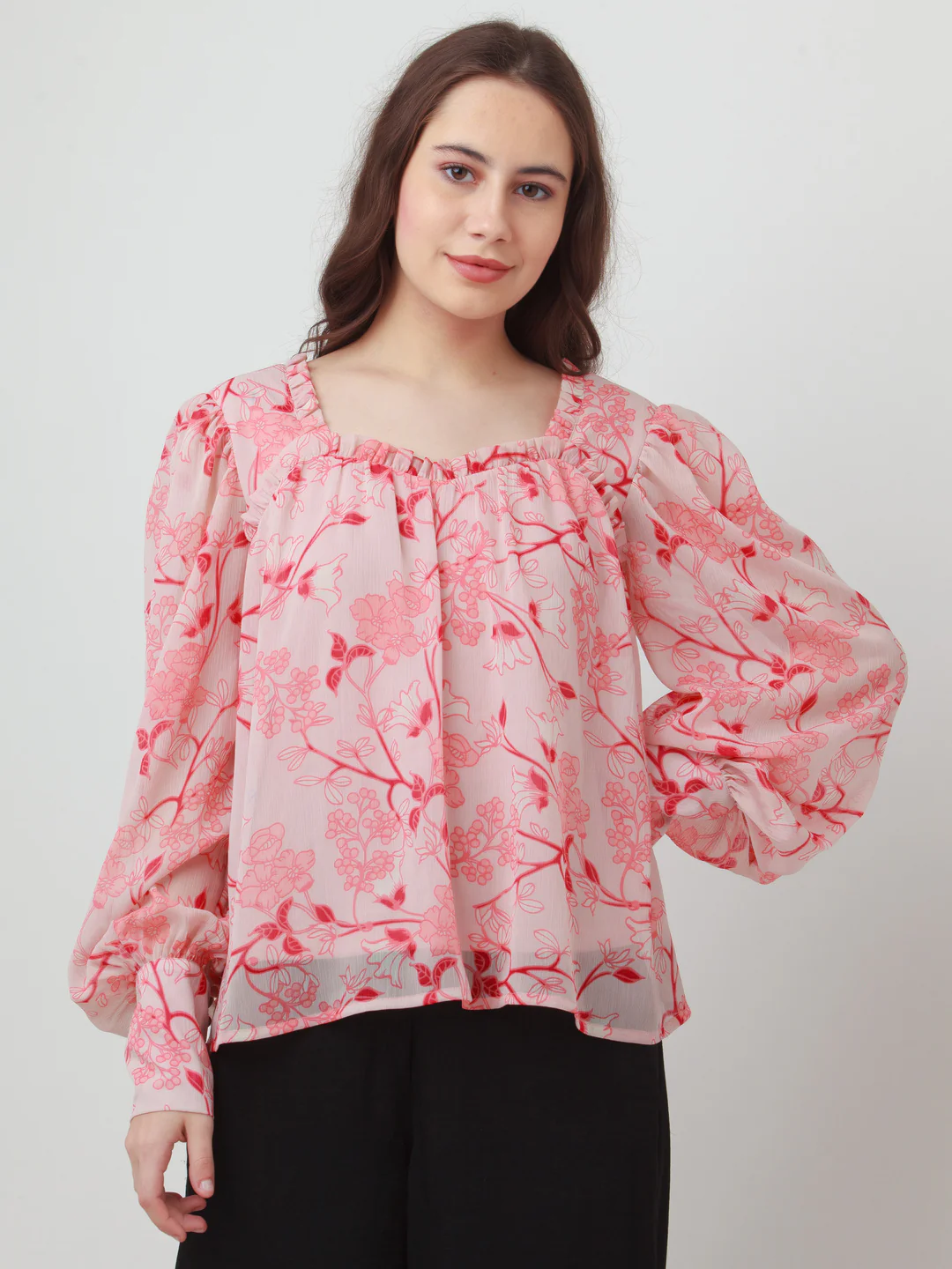 Pink Floral Print Gathered Top - Image 2